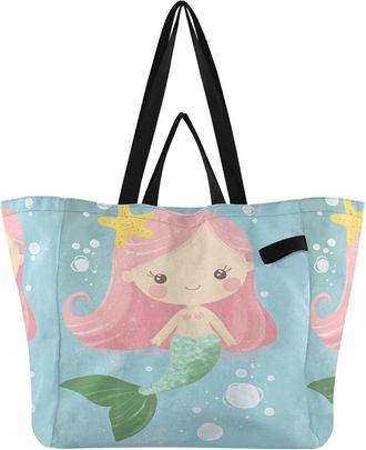 Generic Mermaid Blue Bubble pattern Reusable Canvas Tote Bag, Heavy Duty Grocery Shopping Bag with Hard Bottom Double Handles Large Capacity Work Groceries Tr
