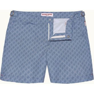 Orlebar Brown Bulldog Mid-Length Classic Fit Swim Shorts With Portico Print in Aero Blue at Nordstrom, Size 33