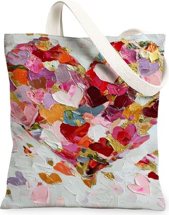 Generic Heart Canvas Tote Bags, Colorful Artistic Design Reusable Grocery Bags, Vintage Lightweight Washable Shoulder Strap for Tra, Multicolor, 13x15 Inch