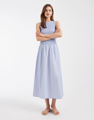 Vero Moda Vestito midi con corpino arricciato blu a righe-Rosa