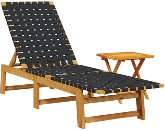 vidaXL Sun Lounger with Table Black Solid Wood Acacia and Fabric vidaXL