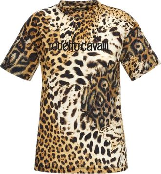 Roberto Cavalli T-shirt in cotone con stampa leopardata - - Tops - Donna - Marrone - S
