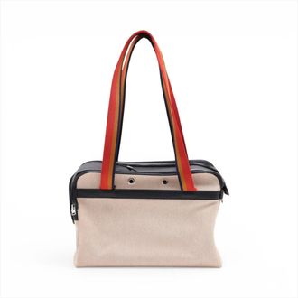 Herm&egrave;s Beige Navy Leather Canvas Shoulder Bag Tote Bag (Pre-Owned)