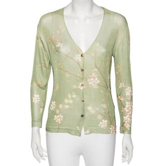 Roberto Cavalli Green Floral Printed Knit Button Front Cardigan