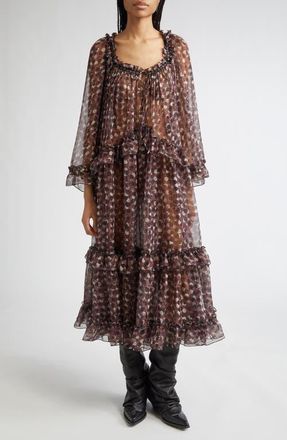 Siedres Grandess Polka Dot Ruffle Long Sleeve Georgette Maxi Dress in Black Multi at Nordstrom
