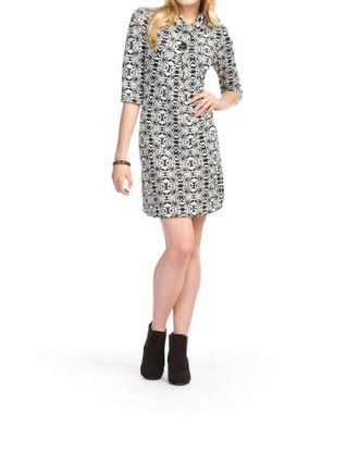 Papillon Floral Print 3/4 Sleeve Cowl Neck Pleat Button Dress In Cream/black