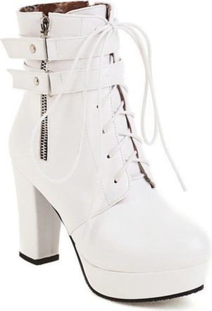 Generic Womens Chunky Platform Mid-Calf Boots with Gothic Details - Front Lace-Up, Side Zipper, Buckles,White,5.5 UK