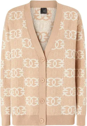 Pinko Beige Half Breed Geometric Pattern V-Neck Viscose-Blend Cardigan