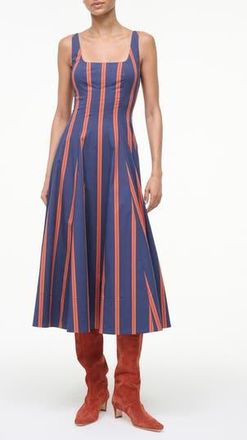 Staud Wells Stripe Stretch Cotton Fit & Flare Midi Dress in Railroad Stripe at Nordstrom Rack, Size 16