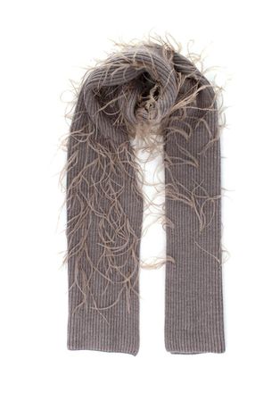 Tanya Taylor Mouse Brown Ostrich Feather Detailing Wool Scarf
