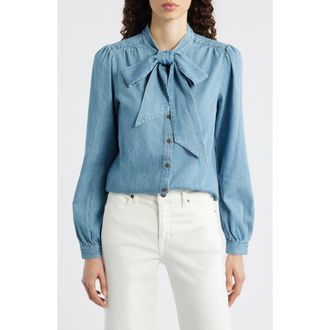 Boden Tie Neck Denim Top in Light Authentic at Nordstrom, Size 8