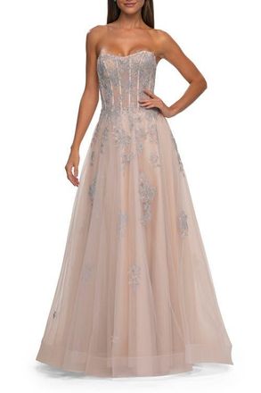 La Femme Tulle A-line Prom Dress with Gorgeous Rhinestone Lace Applique in Blush at Nordstrom, Size 4