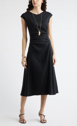 Nordstrom Linen Blend Ruched Midi Dress in Black at Nordstrom, Size Xx-Small