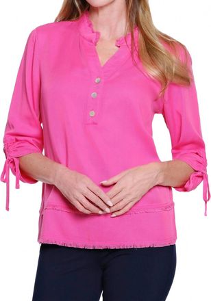 Multiples 3/4 Drawstring Sleeve Band Collar Fringe Hem Top In Candy Pink