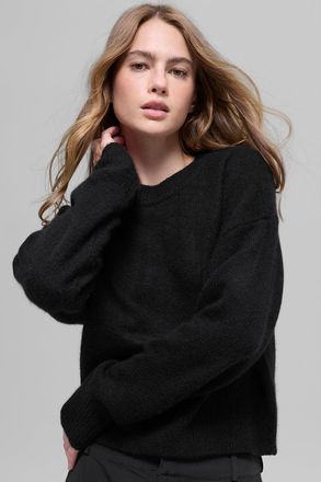 Alo | Wool Cashmere Cropped New Class Crewneck Sweater Top in Black, Size: Medium
