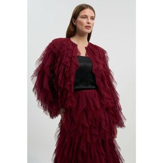 Karen Millen Tulle Ruffle Detail Woven Jacket in Cabernet at Nordstrom, Size 10