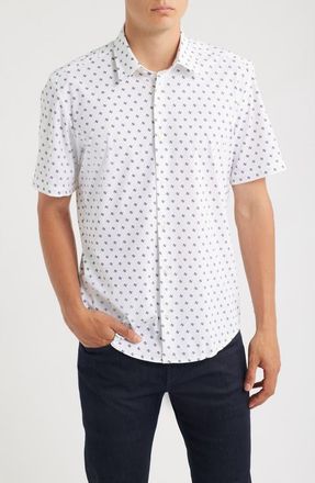 BOSS Liam Geo Print Short Sleeve Stretch Nylon Button-Up Shirt in Open White at Nordstrom, Size Xx-Large