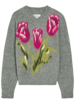 Maison Margiela Floral-intarsia Brushed Wool-blend Jumper - Grey - S (UK8-10 / S)