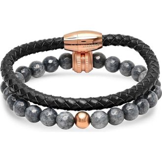 Steeltime Mens Set of 2 Bead & Braided Bracelets in Black/Gray at Nordstrom Rack