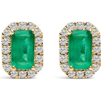 House of Brilliance 10K Gold 5x3mm Emerald-Cut Gemstone and 1/7 Cttw Diamond Halo Octagonal Stud Earrings in Green Emerald | Yellow at Nordstrom