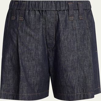Brunello Cucinelli Double Pleated Pull-On Denim Shorts
