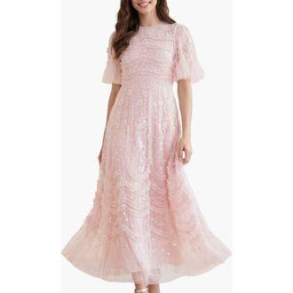 Needle & Thread Gianna Ruffle Short Sleeve Maxi Gown in Shell at Nordstrom, Size 14