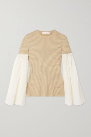 Chlo&eacute; Chiffon-trimmed Ribbed Wool And Cashmere-blend Sweater - Neutri