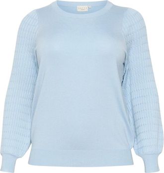 Kaffe Curve Celestial Blue Gebreide Trui met Pofmouwen - Dames - Ronde hals truien - Blauw - L - Nylon - Truien & Vesten