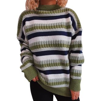 Generic Womens Knitted Sweaters Oversized Jumper Crochet Womens and Winter New Contrast Stripe Loose Round Neck Long Sleeve Knitted Pullover Sweater Underlay 
