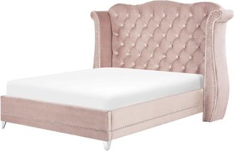 Beliani Eu Super King Size Velvet Bed Frame 6ft Buttoned Nailhead Trim Slatted Pastel Pink Ayette