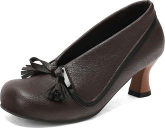 Generic Womens Vintage Low Top Round Toe Kitten Heels Pumps Slip On with Bowknot Decor Comfort Versatile Brouge Shoes (7.5,Coffee)