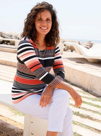 Casual Looks Rundhalsshirt CASUAL LOOKS Shirt, Damen, Gr. 36, erdbeere, schwarz, geringelt, 95% Viskose, 5% Elasthan, bedruckt, gemustert, gestreift, mehrfarbig, R