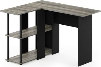 Furinno Abbott L-Shape Desk with Bookshelf, French Oak Grey/Black, 17092GYW/BK