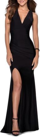 La Femme Sleek Prom Dress with Deep V-Neckline and Tie Back in Black at Nordstrom, Size 10