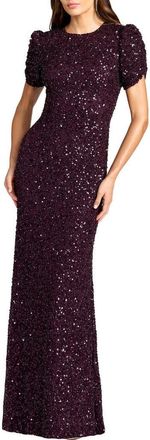 Mac Duggal Womens Embellished Mesh High-Neck Short Sleeve Gown in Blackberry at Nordstrom, Size 16