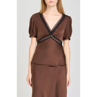 Wayf Felicity Lace Trim V-Neck Satin Top in Chocolate at Nordstrom, Size X-Small