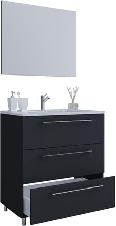 ebuy24 Ebuy24 - Vcm 3 Piezas Lavabo Lavabo Gabinete Inferior Ancho 80 Cm Muebles De Ba&ntilde;o Conjunto De Pie Con Tres Cajones Espejo Badinos (negro)