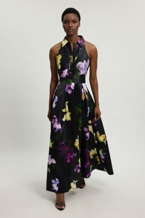 Karen Millen Womens Floral Woven Twill Collared Maxi Dress - Black - Size 10 UK