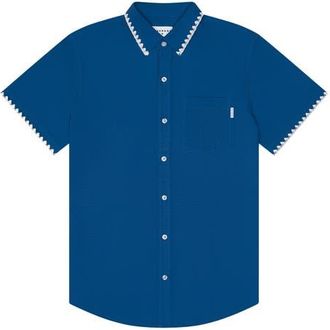 MAVRANS Blanket Stitch Short Sleeve Performance Button-Up Shirt in Blue at Nordstrom, Size Xx-Large