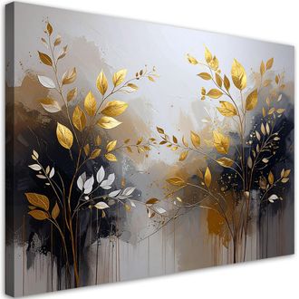 Feeby Cuadro Sobre Lienzo, Hojas Abstractas Ramitas Verde Dorado, 100x70