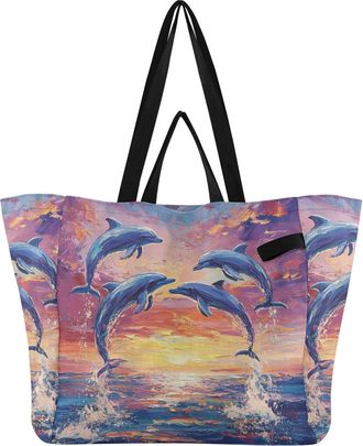 Generic Dolphin Ocean Sunset Purple pattern Reusable Canvas Tote Bag, Heavy Duty Grocery Shopping Bag with Hard Bottom Large Capacity Double Handles Work Groc