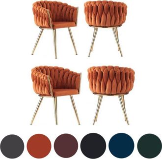 Life Interiors Set of 4 Roma Modern Velvet Dining Chairs - Ergonomic Curved back with Gold Metal Frame - Armchair for Dining Room Kitchen Living Room - Orange