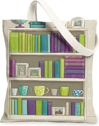 Generic Bookshelf Canvas Tote Bags, Colorful Books and Mugs Pattern Reusable Grocery Bags, Vintage Chic Lightweight Washable Canvas, Multicolor, 13x15 Inch