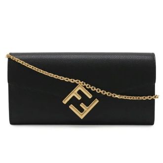 Fendi Pre-owned Leather FF Diamond Chain Wallet Clutch - Dames - Pre-owned - Zwart - Maat: ONE Size Leer
