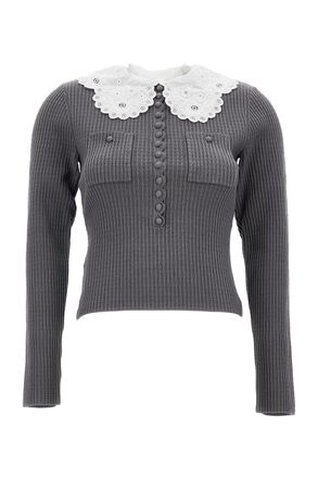 Self Portrait Ribbed Knit Top with Scalloped Lace Collar and Button Detail