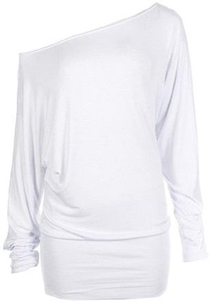 Crazy Girls Womens Long Sleeve One Off-Shoulder Plain Baggy Batwing Top UK8-24, White, 2XL (UK 20-22)