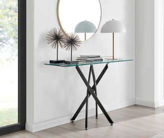 Furniturebox Leonardo Rectangular Glass Console Table with Metal Angled Starburst Legs for Modern Living Room in Black