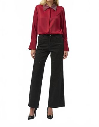 Joseph Ribkoff Satin Button-Front Blouse With Embellished Collar In Deep Cherry