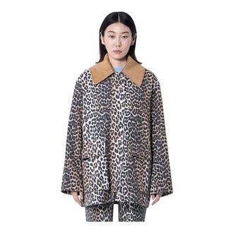 Ganni Light Jackets, female, Brown, Size: 2XS/XS Leopard Printed Canvas Midi Jacket