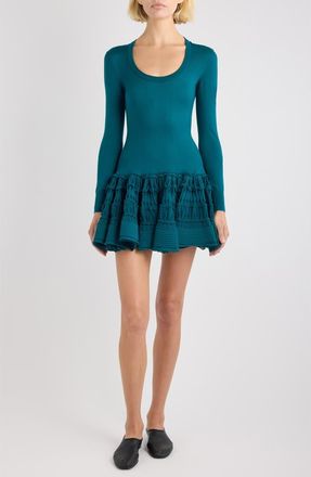 Alaia Long Sleeve Ruffle Drop Waist Wool Blend Minidress in Vert Petrole at Nordstrom, Size 10 Us